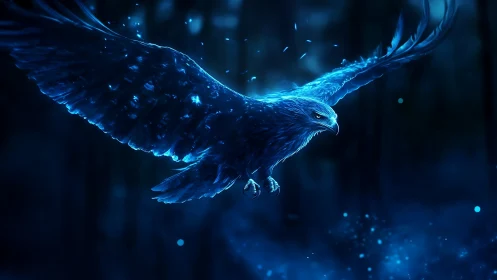 Majestic Blue Eagle in Flight, Glowing Fantasy Digital Art.