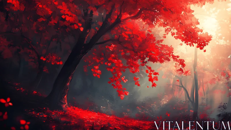 Crimson Forest Path Engulfed in Autumnal Mist and Glow.