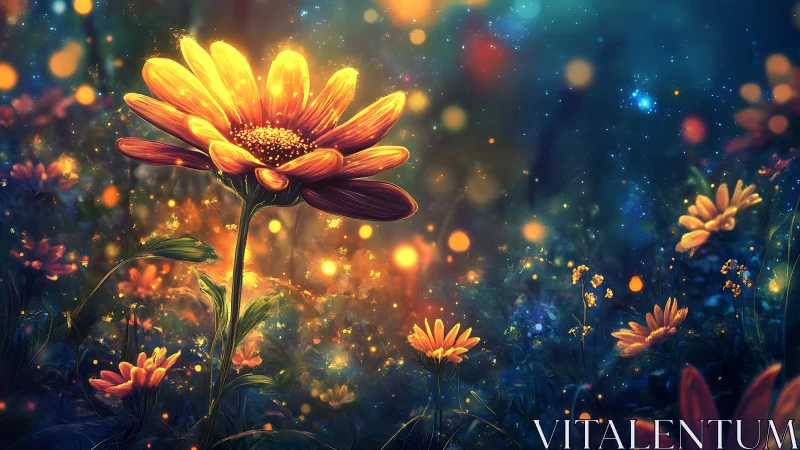 Glowing Daisy Field with Luminous Particles in Digital Night Landscape