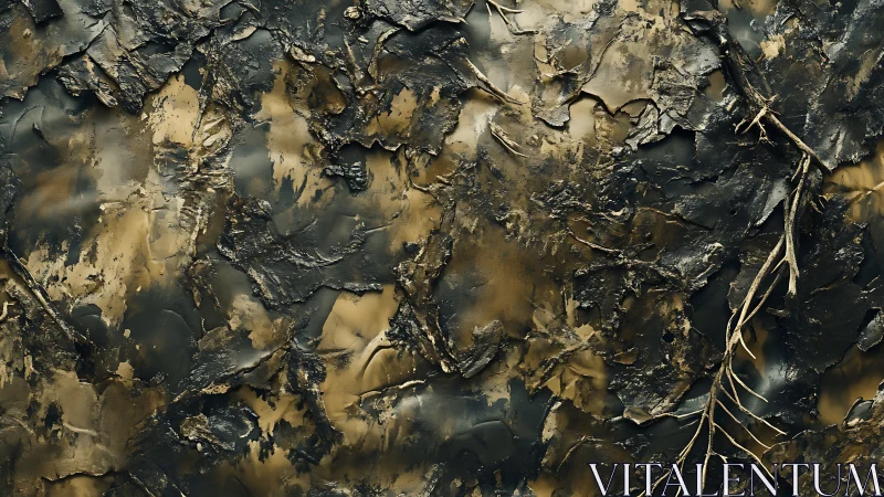 Burnt earth relief texture reveals stratified organic fragments