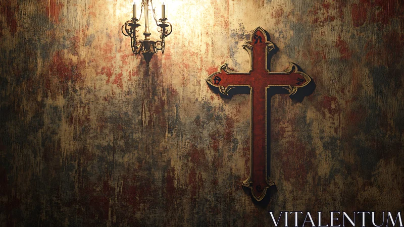 Gothic red cross on distressed wall under candlelight.