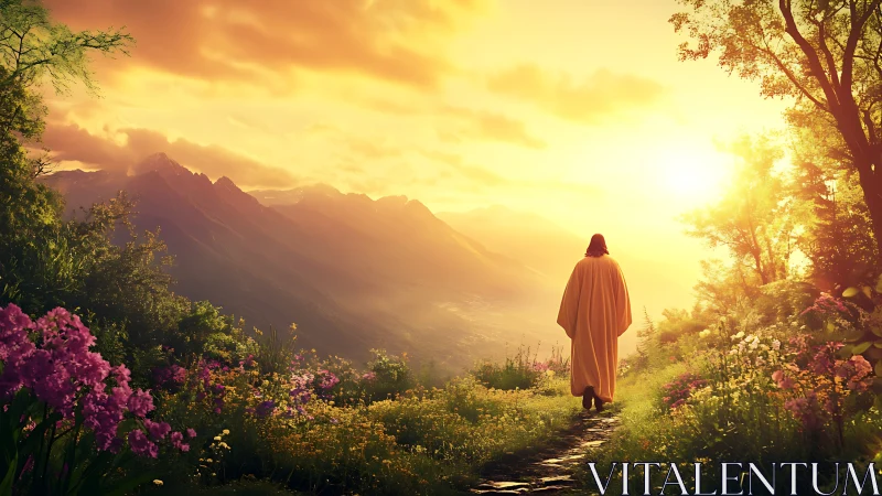 Sun-cloaked wanderer drifts along a blooming mountain trail