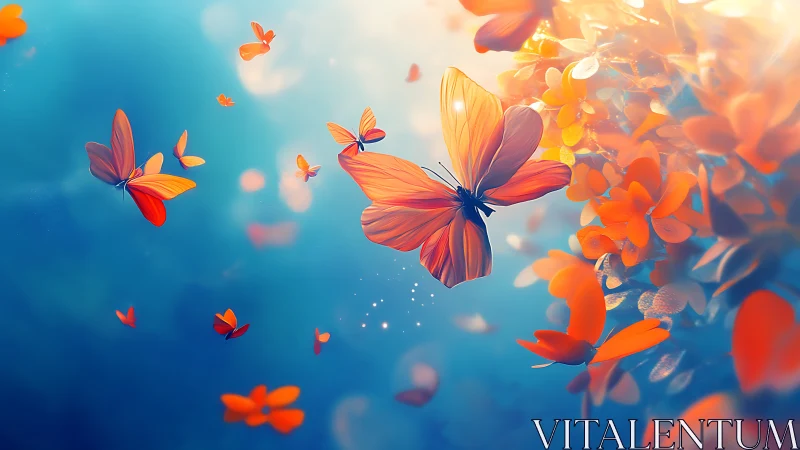 Gentle orange butterflies drifting through soft blue light.