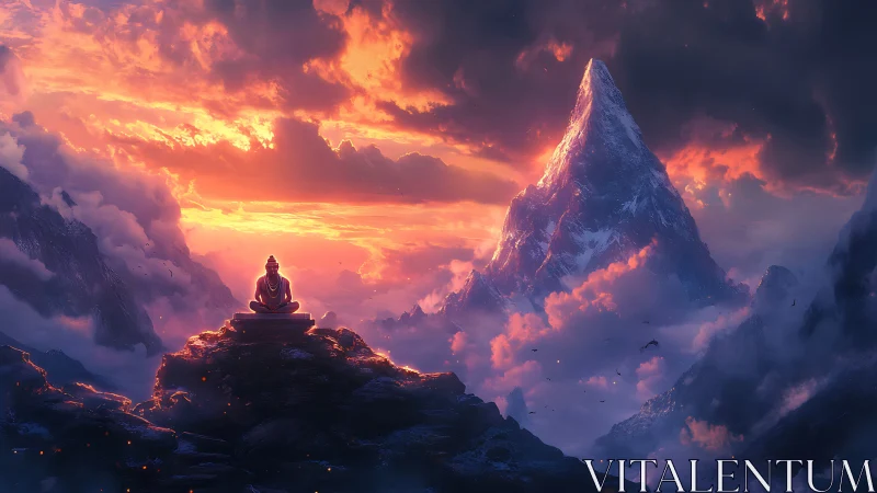 Meditating figure under blazing mountain sunrise sky.