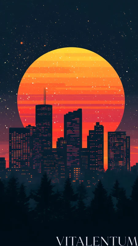 Neon city skyline burns beneath colossal gradient sun.