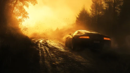 Aerodynamic coupe on wet forest road in volumetric dusk light.