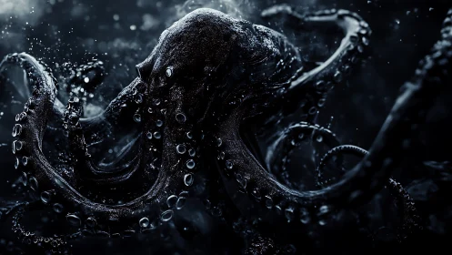 Midnight abyssal octopus unfurls in swirling ocean gloom.