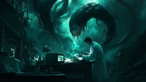 Solitary scientist documents data beneath looming abyssal horror