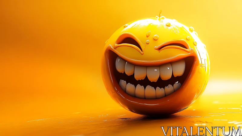 High-gloss 3D smiling emoji sphere with specular liquid droplets