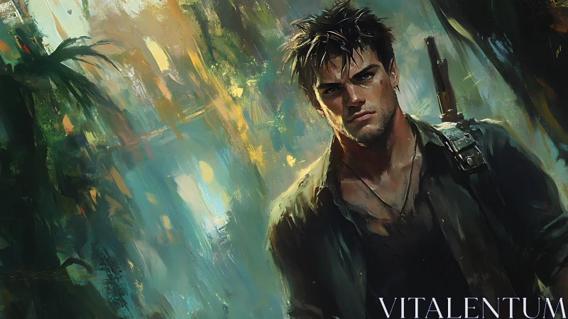 Male figure with rifle in dense abstract jungle setting.