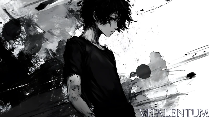 Ink-stained quiet drifter leans into a storm of grayscale noise