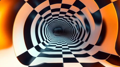 Surreal Checkered Tunnel With Orange Glow, Abstract Digital Art.
