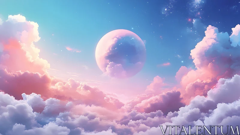 Celestial dawn drifts around a pastel moonlit cloud ocean.