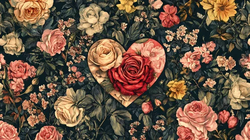 Red rose heart surrounded by vintage floral botanical pattern background