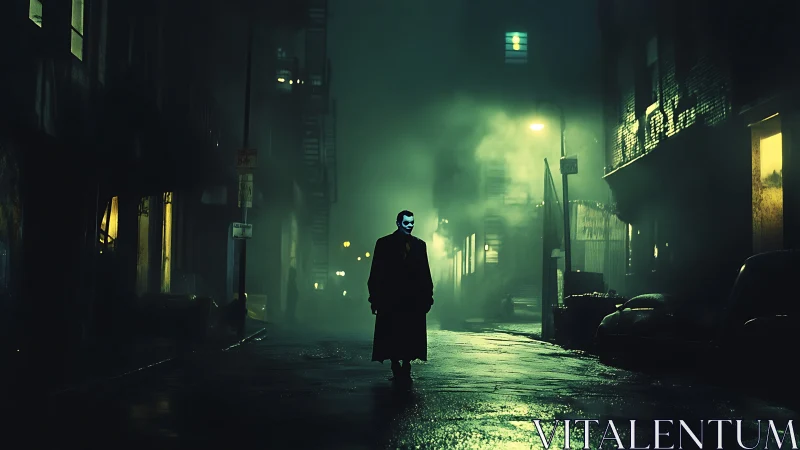 Masked figure stalks neon fog alley under sodium lights.
