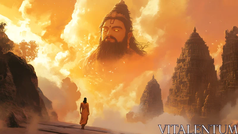 Monk walks toward celestial deity above luminous temple spires