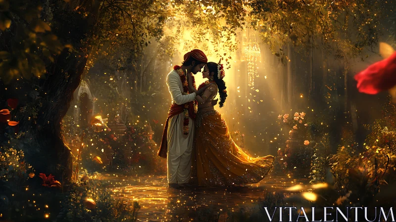 Ethereal Couple Suspended in Luminous Forest Glow with Cascading Golden Particles.