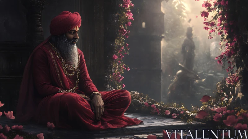 Meditative elder in crimson robes within floral temple garden.
