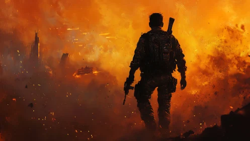 Heavily armed soldier advances through high-intensity urban firestorm