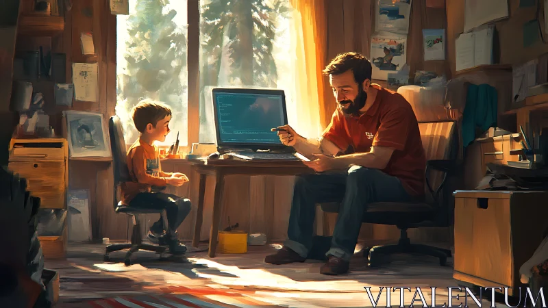 Adult and child at desk with computer in sunlit workspace.