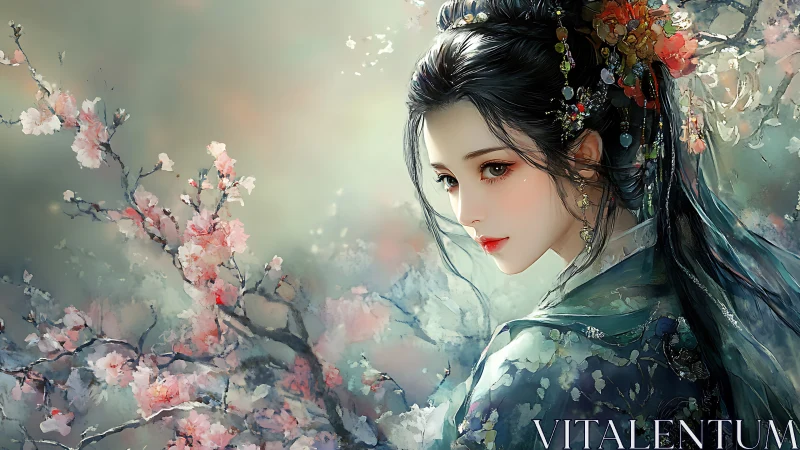 Blossom-veiled maiden watching springlight drift past. Period.