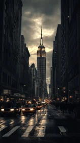 Tall central skyscraper dominates wet, narrow urban street