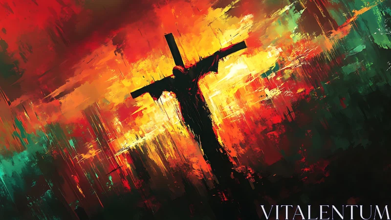 Crucifix silhouette burns against a storm of abstract light