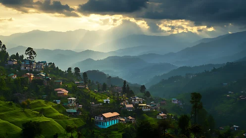Sunlit mountain village resting under drifting evening clouds.