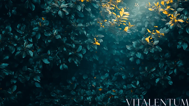 Luminous teal foliage with golden leaves emerging above.