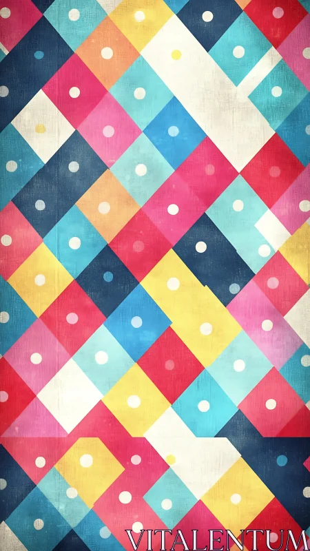 Colorful geometric diamond grid with polka dots pattern.