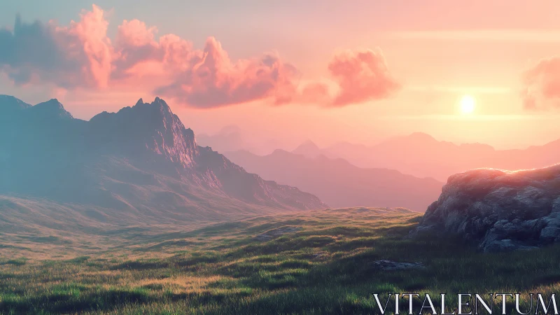 Pastel mountain valley under radiant digital sunrise glow.