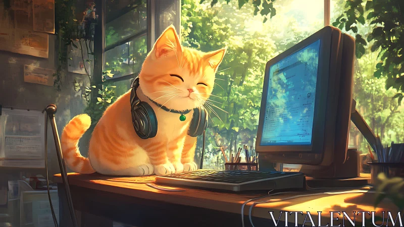 Orange cat with headphones sits on desk beside computer