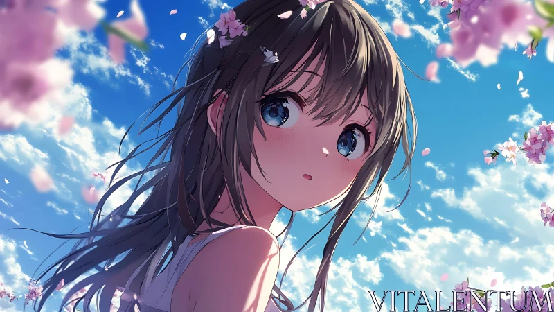 Backlit anime girl under sakura petals with dynamic sky lighting