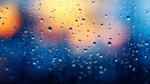 Water droplets on glass against defocused sunset gradient.