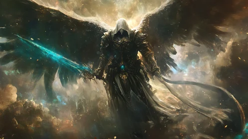 Hooded celestial warrior with radiant sword in stormlight.