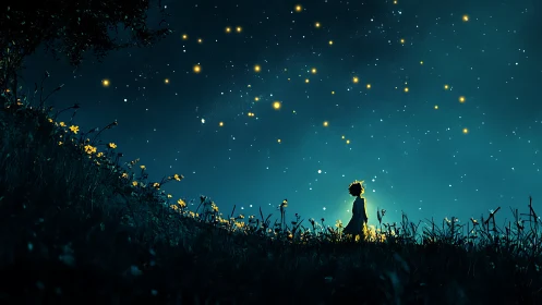 Backlit child silhouette observes dense starfield and fireflies