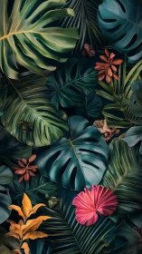 Layered tropical foliage in deep teal and warm accents.