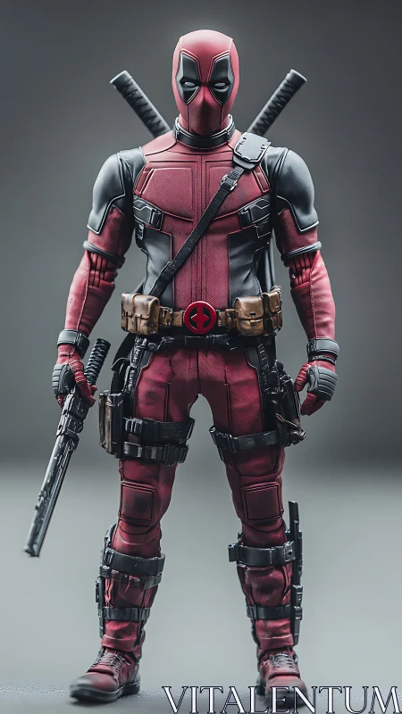 Red suited antihero stands ready with sly comic bravado.