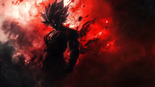 Silhouetted spiky-haired fighter in red abstract energy field.
