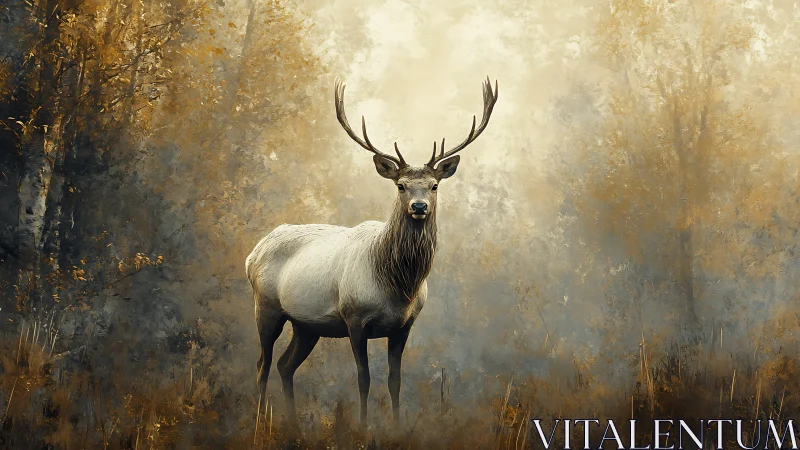 Silent stag crowned in autumn fog’s burnished glow.