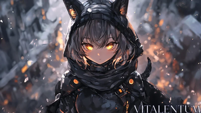 Hooded cat-eared girl with glowing eyes in emberscape.