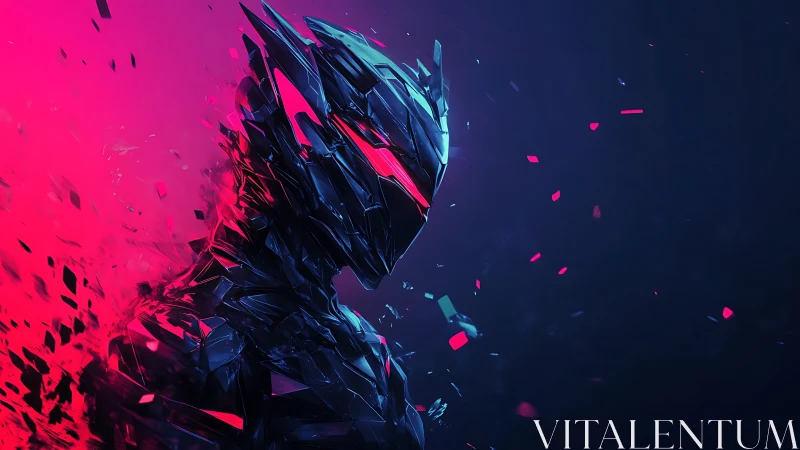 Cybernetic humanoid silhouette dissolves into glowing shards