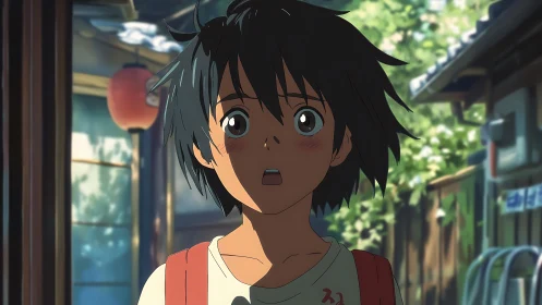 Wide-eyed anime kid pausing in a sunlit alleyway moment.