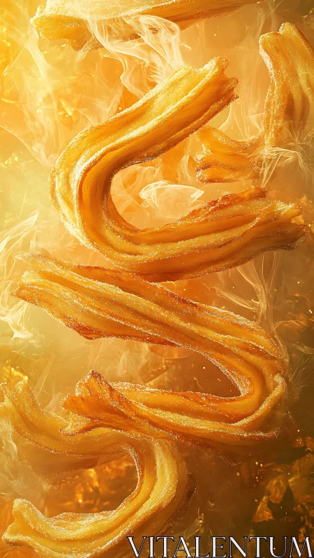 Golden churros swirl through warm sugary steam in midair