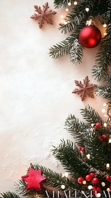 Pine branches with red ornaments border a textured surface
