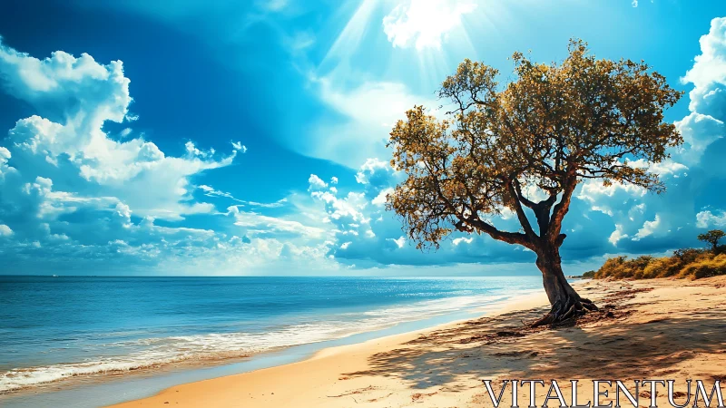 Solitary coastal tree under radiant midday ocean sky.