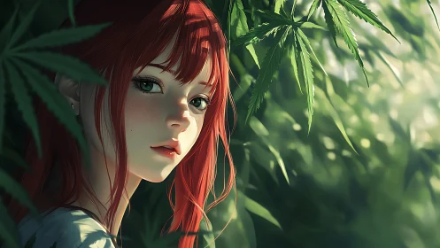 Red haired girl in lush foliage with soft rim lighting.