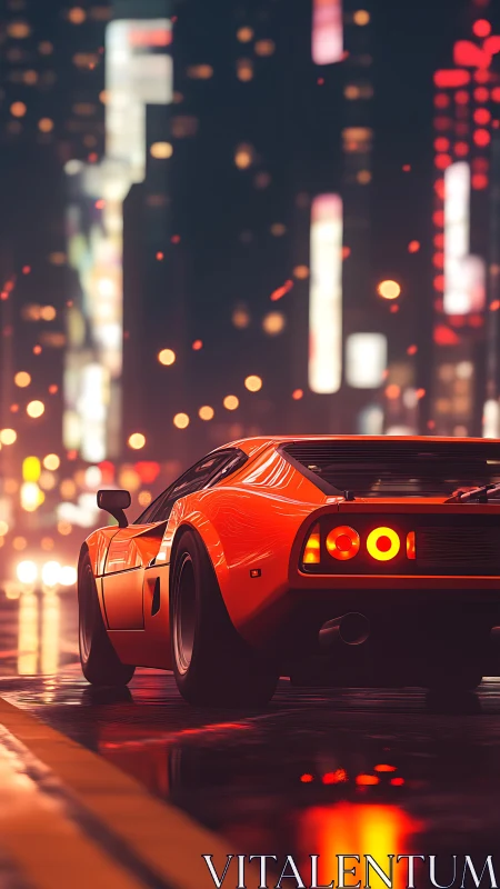 Neon-soaked supercar prowls rain-glossed cyber city streets.