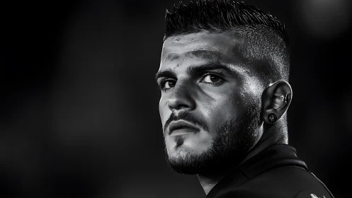 Storm-lit stare of a determined man in moody grayscale.