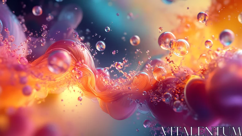 Digital painting of iridescent liquid ribbons and bubbles flow.